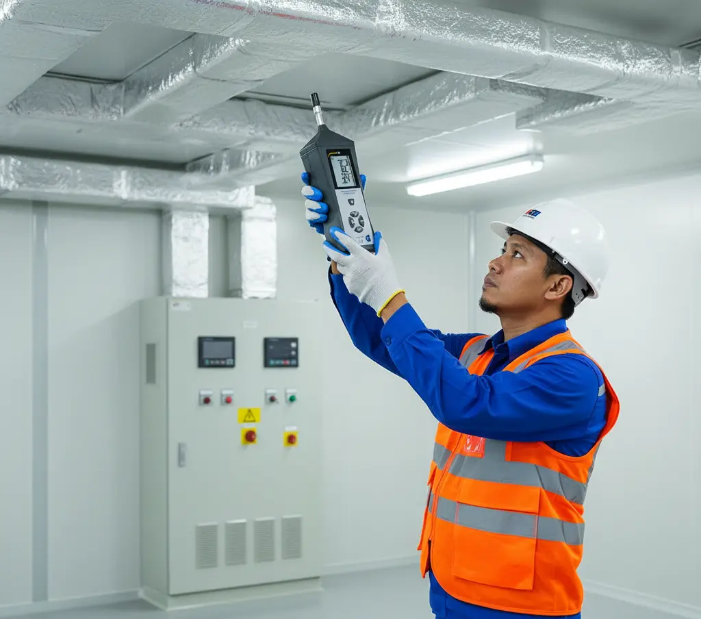 Teknisi HVAC Indonesia sedang menggunakan PCE-HVAC 3 thermo hygrometer portabel untuk mengukur suhu dan kelembaban di ruang produksi farmasi yang ber-AC.