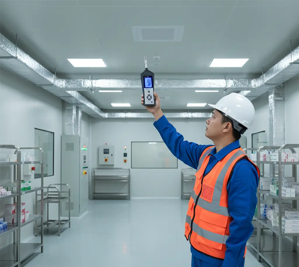 Teknisi Indonesia memeriksa kelembapan udara di ruang produksi farmasi menggunakan Air Humidity Meter PCE-HVAC 3S-ICA dengan latar belakang sistem HVAC industri.