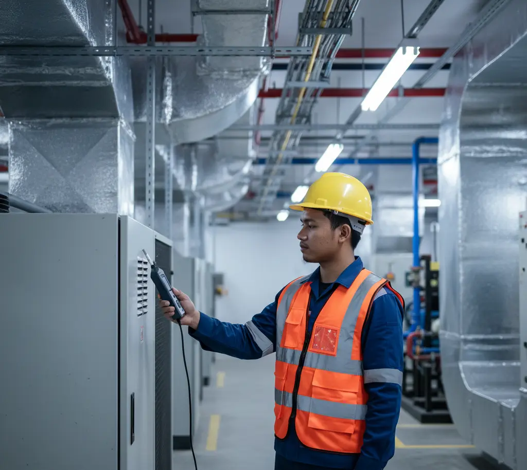 “Teknisi Indonesia menggunakan Air Humidity Meter PCE-HVAC 3S untuk mengukur kelembapan dan suhu di ruang mesin HVAC gedung perkantoran.”