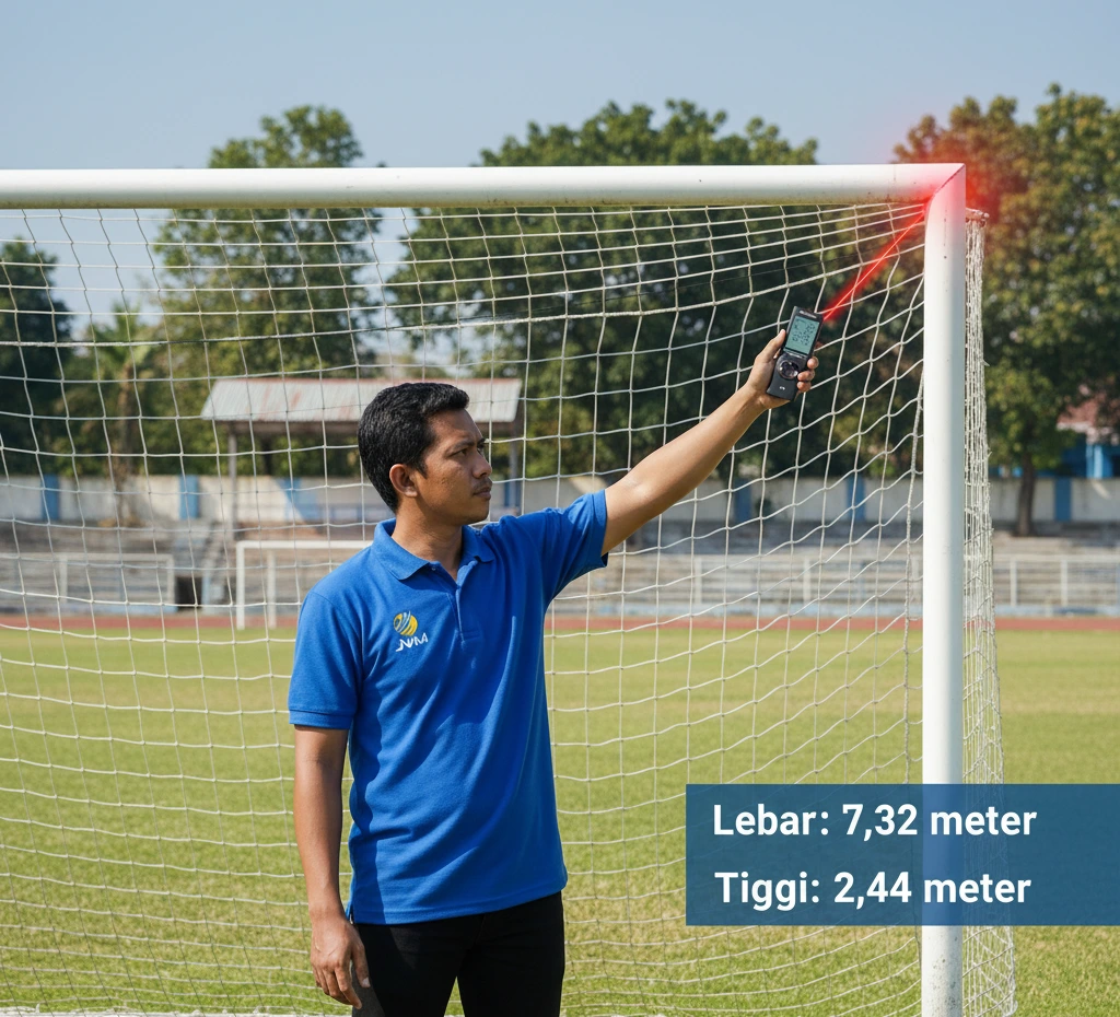 Ilustrasi pengukuran lapangan sepak bola sesuai standar FIFA menggunakan distance meter laser PCE-LDM 40N untuk memastikan panjang, lebar, dan area penalti terukur dengan akurat.