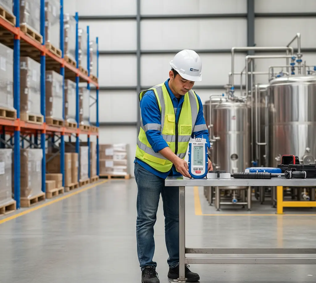 Teknisi QA Indonesia mengukur kelembapan lantai beton di gudang produksi menggunakan PCE-MMK 1 air humidity meter portabel.