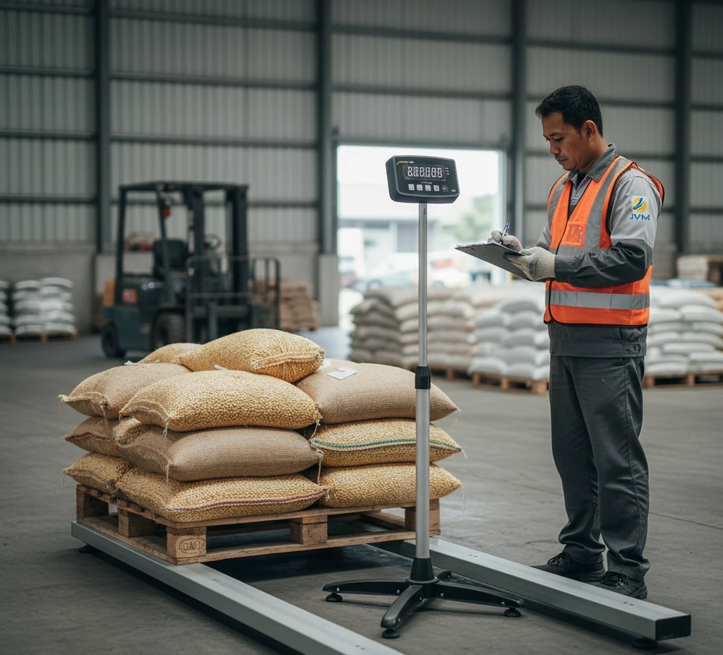 Seorang operator gudang Indonesia menggunakan checkweighing scale PCE-MS B3T-1-M untuk menimbang palet karung hasil panen