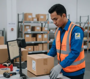 Staf gudang Indonesia menimbang kardus paket di atas timbangan platform checkweighing 30 x 40 cm sambil memastikan angka berat pada display untuk kebutuhan pengiriman.