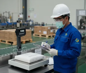 Foto petugas QC Indonesia di area pengemasan industri kimia ringan yang menimbang karung/boks serbuk pada checkweighing scale platform PCE-MS PF150-1-45x45-M di atas meja stainless, membaca display digit besar dan mencatat hasil untuk mencegah selisih timbang.