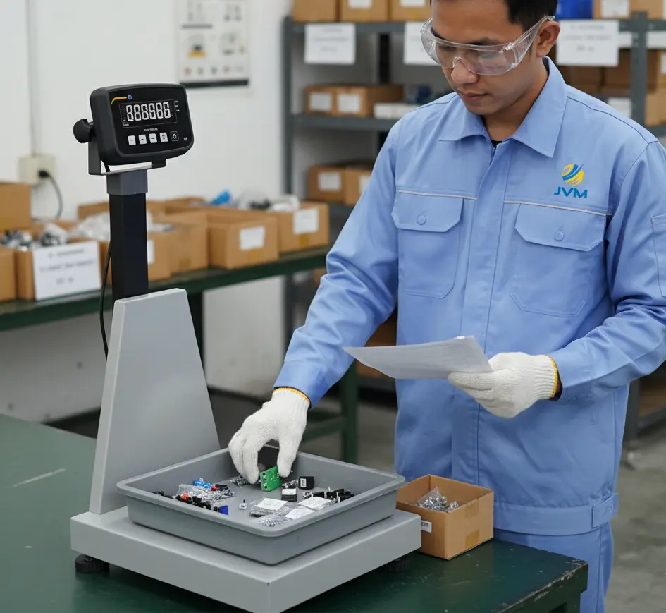 Foto menampilkan teknisi QC Indonesia di area workshop perakitan ringan sedang menimbang box komponen di atas checkweighing scale PCE-MS PP60-1-30x40-M. Display LCD inverted (white on black) diposisikan sejajar pandangan dan angka berat terbaca jelas, sementara di sampingnya terlihat lembar checklist QC dan tray komponen.