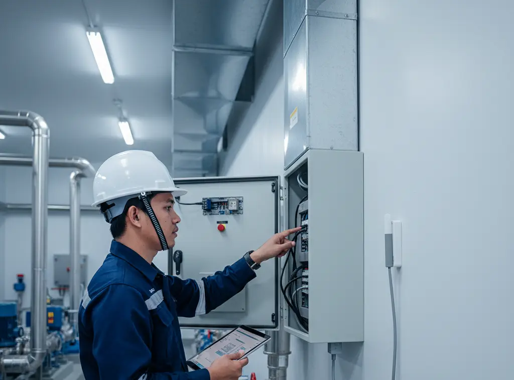 “Teknisi memeriksa panel kontrol industri dengan sensor kelembapan udara PCE-P18S terpasang di dinding untuk pemantauan kelembapan dan suhu berbasis Modbus RTU.”