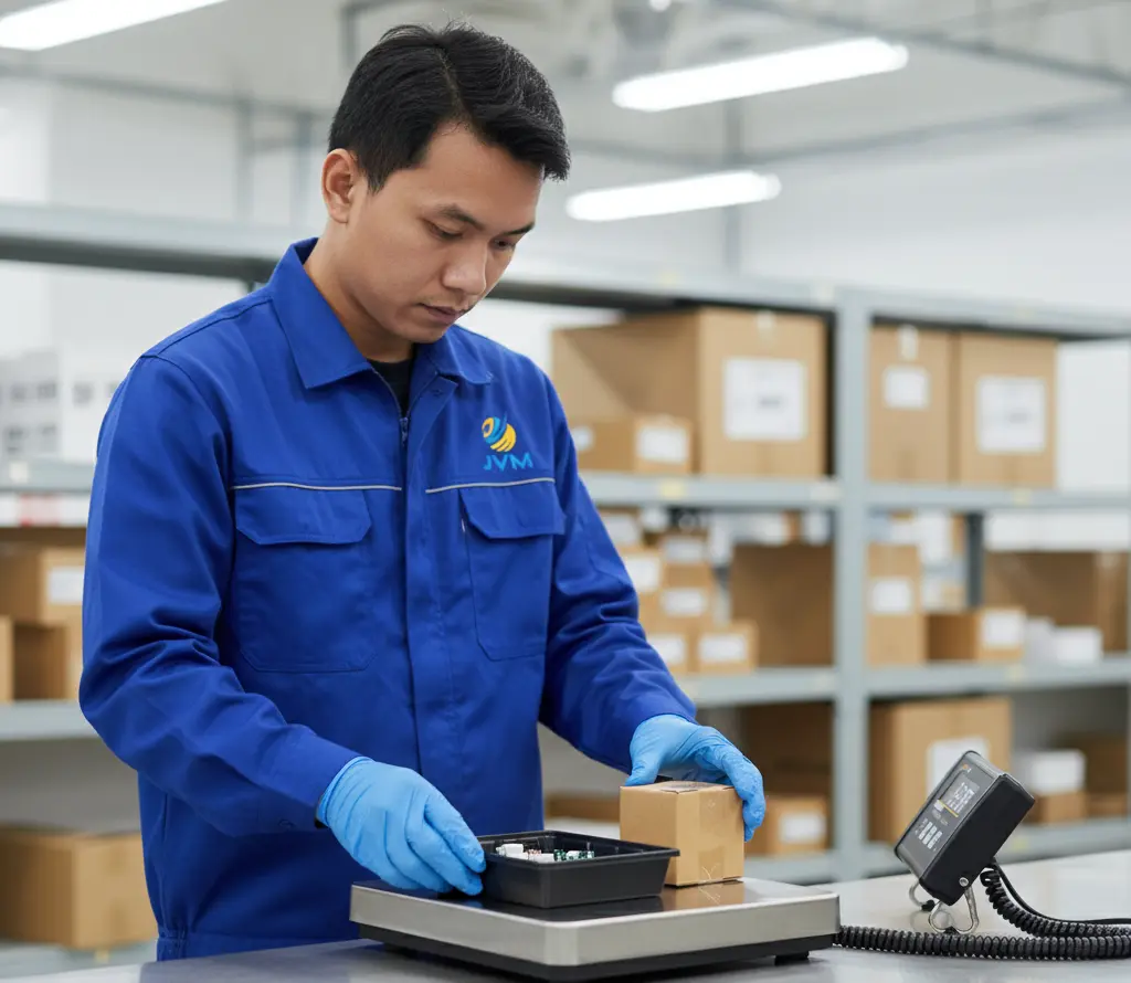 Teknisi QC Indonesia menimbang paket dan tray komponen di atas benchtop scale PCE-PB 60N berbahan stainless steel, dengan display LCD besar yang terhubung kabel spiral, di meja kerja area gudang untuk verifikasi berat sebelum pengiriman.