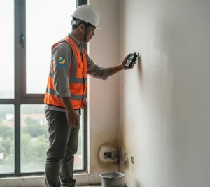 Seorang inspector bangunan Indonesia menempelkan PCE-PMI 3 pada dinding interior yang tampak lembap untuk memetakan area berisiko sebelum perbaikan dan finishing.