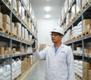 Teknisi QA Indonesia menggunakan thermo-hygrometer saku PCE-PTH 10 untuk mengukur suhu dan kelembaban di gudang bahan baku minuman ber-AC dengan rak-rak penyimpanan yang rapi.