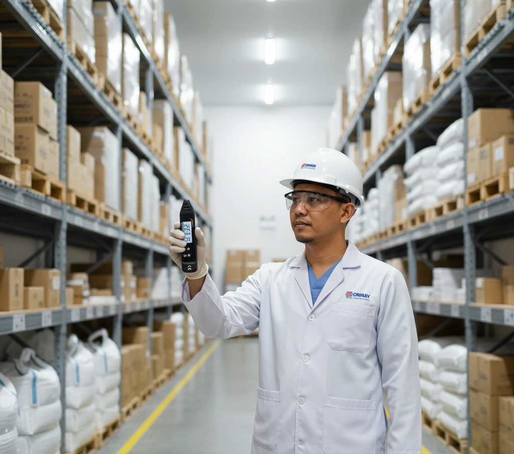 Teknisi QA Indonesia menggunakan thermo-hygrometer saku PCE-PTH 10 untuk mengukur suhu dan kelembaban di gudang bahan baku minuman ber-AC dengan rak-rak penyimpanan yang rapi.