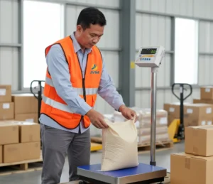 Foto staf gudang Indonesia menimbang karung dan dus di area receiving menggunakan checkweighing scale platform PCE-SD 150C dengan display LED untuk memastikan berat sesuai batas toleransi.