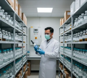 Teknisi laboratorium Indonesia memeriksa suhu, kelembaban, dan tekanan udara ruang penyimpanan sampel menggunakan PCE-THB 38-ICA meter kelembaban dengan sertifikat kalibrasi ISO.