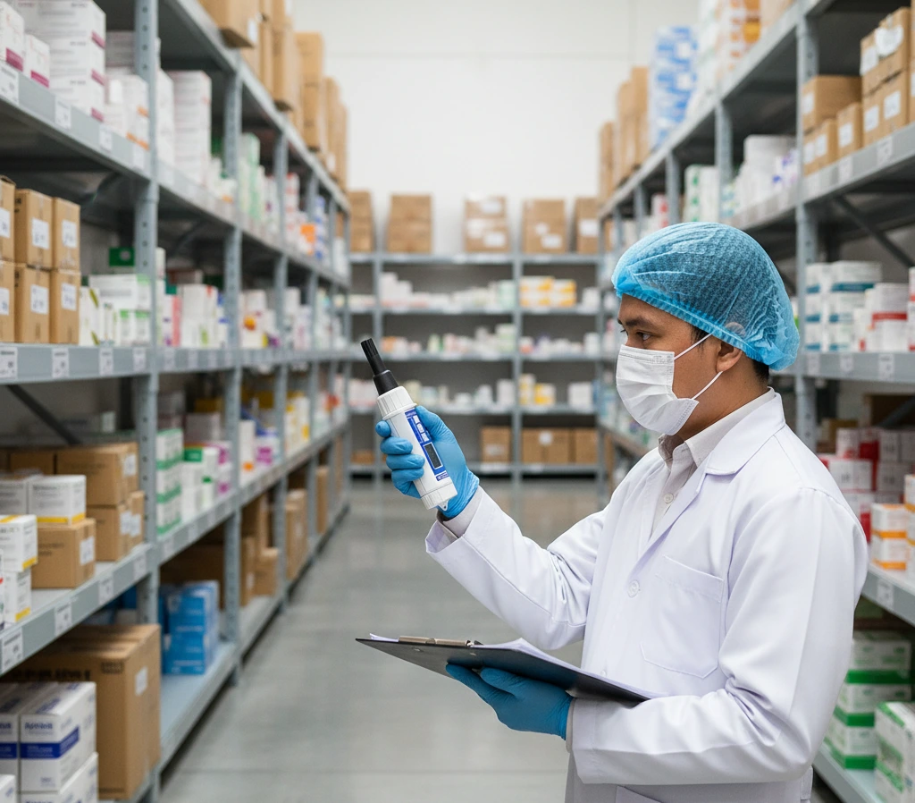 Seorang teknisi laboratorium Indonesia mengukur suhu, kelembapan, dan tekanan udara di gudang farmasi menggunakan PCE-THB 38 air humidity meter portabel.