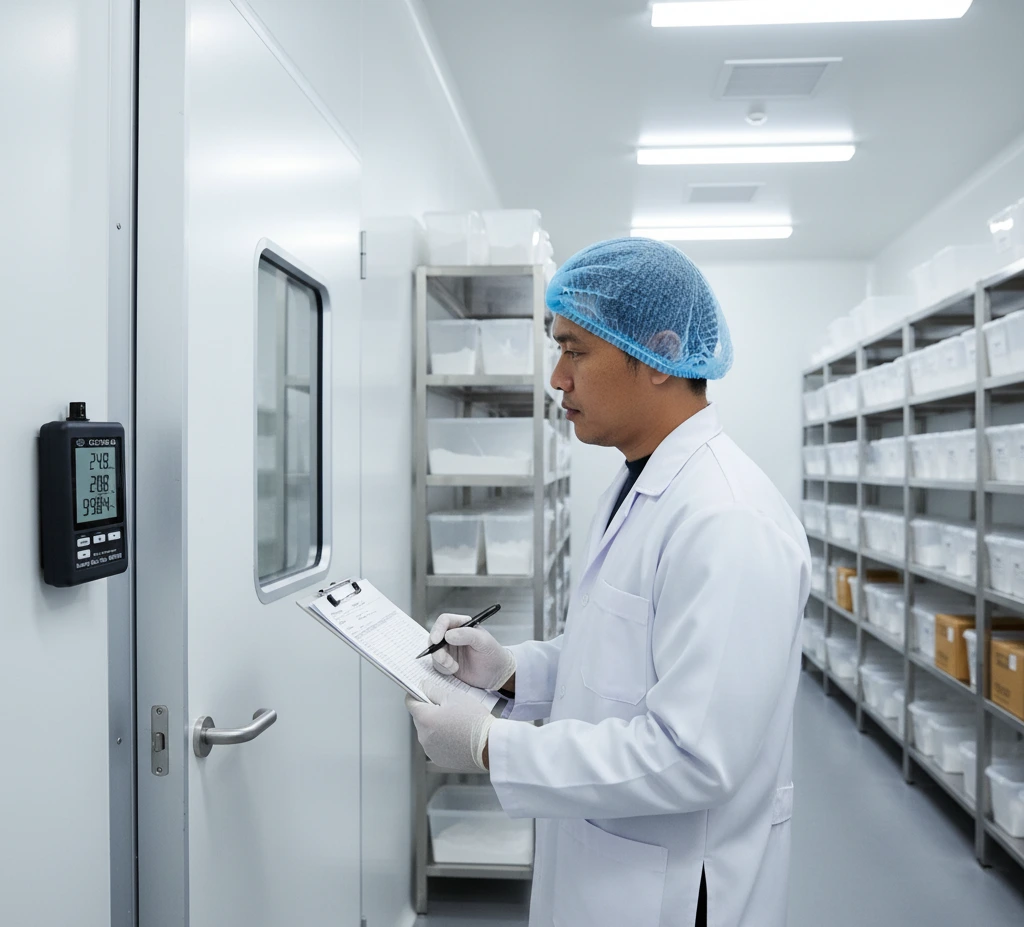 Teknisi laboratorium Indonesia memeriksa cold room menggunakan PCE-THB 40 air humidity meter yang terpasang di dinding untuk memantau suhu, kelembapan, dan tekanan udara.