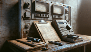 Weathered engineer's clipboard with PUPR inspection checklist on a concrete floodgate control panel, tools nearby, documenting post-flood infrastructure inspection.