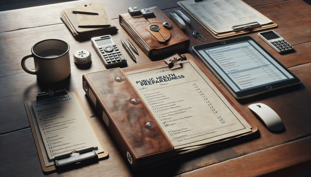 Public health preparedness workspace with audit binder and protocol checklists for facilities facing Flu Subclade K.
