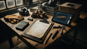 Weathered clipboard with safety checklist on a wooden table next to a tablet displaying real-time sensor data graphs for monitoring a flammable materials warehouse post-incident.