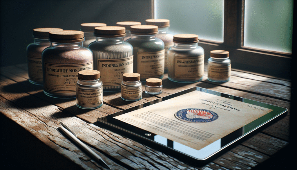 Indonesian-made cosmetics on a weathered wooden table next to BPOM regulatory documents, illustrating local brand compliance strategies.