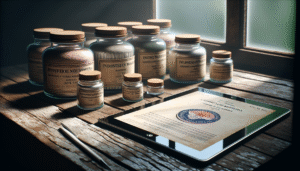 Indonesian-made cosmetics on a weathered wooden table next to BPOM regulatory documents, illustrating local brand compliance strategies.