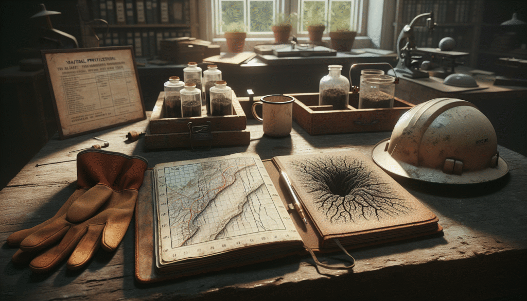 Weathered geologist's field notebook with sinkhole diagrams and safety gear on a table, illustrating HIRARC-based mitigation strategies.