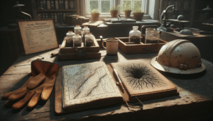 Weathered geologist's field notebook with sinkhole diagrams and safety gear on a table, illustrating HIRARC-based mitigation strategies.