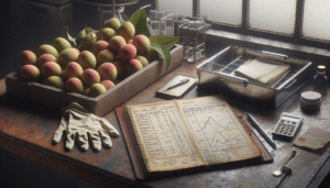 A weathered wooden table with fresh kecapi fruits and an open notebook showing handwritten Risk Priority Number (RPN) calculations for a local fruit risk assessment.