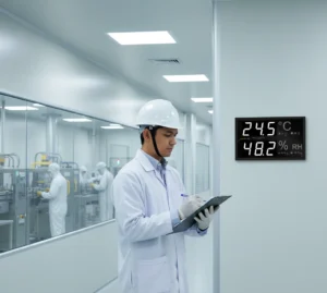 Teknisi QA di pabrik farmasi Indonesia sedang memeriksa panel air humidity meter PCE-EMD 5-ICA yang menampilkan suhu dan kelembapan ruang produksi dengan digit besar di dinding koridor.