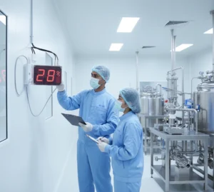 Teknisi Indonesia memeriksa panel air humidity meter PCE-G1A dengan display LED besar yang menampilkan suhu dan kelembaban di dinding ruang produksi farmasi bersih.