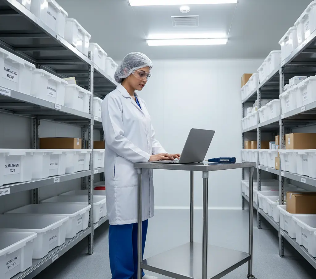 teknisi qa qc indonesia memeriksa data suhu dan kelembapan dari data logger pce-ht 71n yang terpasang di dinding cold room gudang farmasi