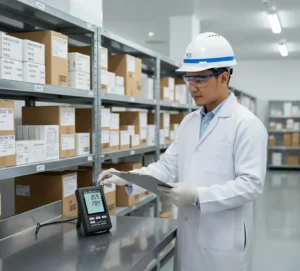 Teknisi QA di Indonesia memeriksa layar hygrometer data logger PCE-HT110-ICA yang terpasang di dinding gudang farmasi ber-AC untuk memantau suhu dan kelembapan ruang penyimpanan obat.