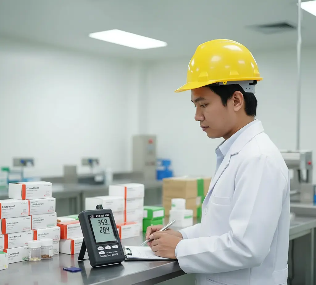 Teknisi QA Indonesia sedang membaca layar PCE-HT110 air humidity meter yang terpasang di dinding gudang farmasi, memantau suhu dan kelembapan untuk memastikan kondisi penyimpanan stabil.