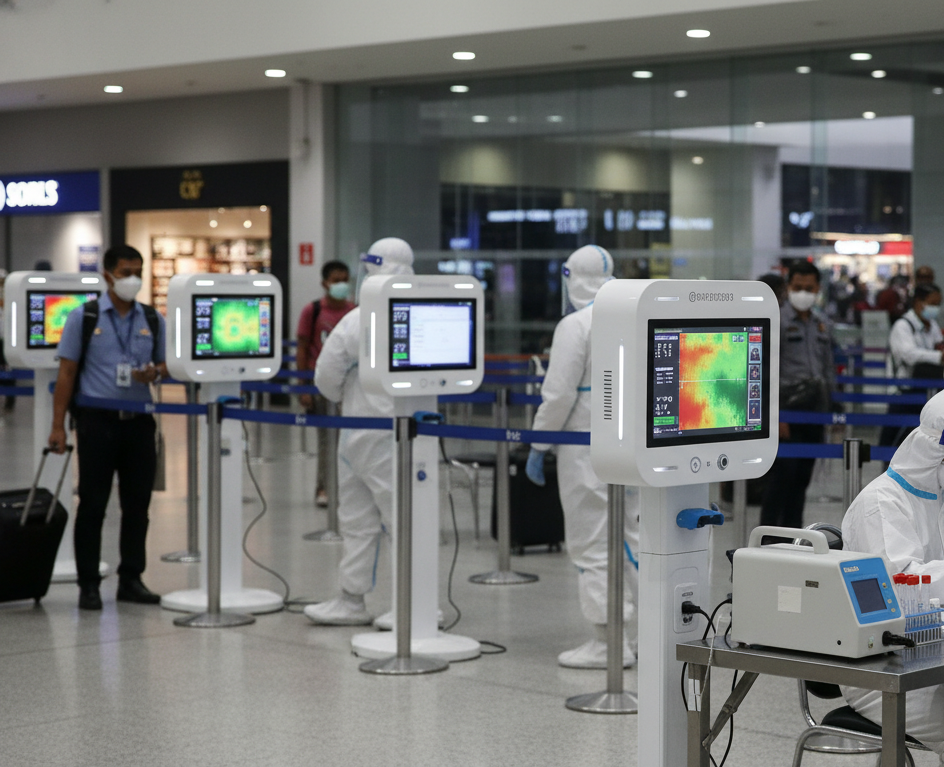 Pemeriksaan kesehatan bandara menggunakan alat test dan sensor suhu tubuh digital berbasis IoT pada penumpang internasional.