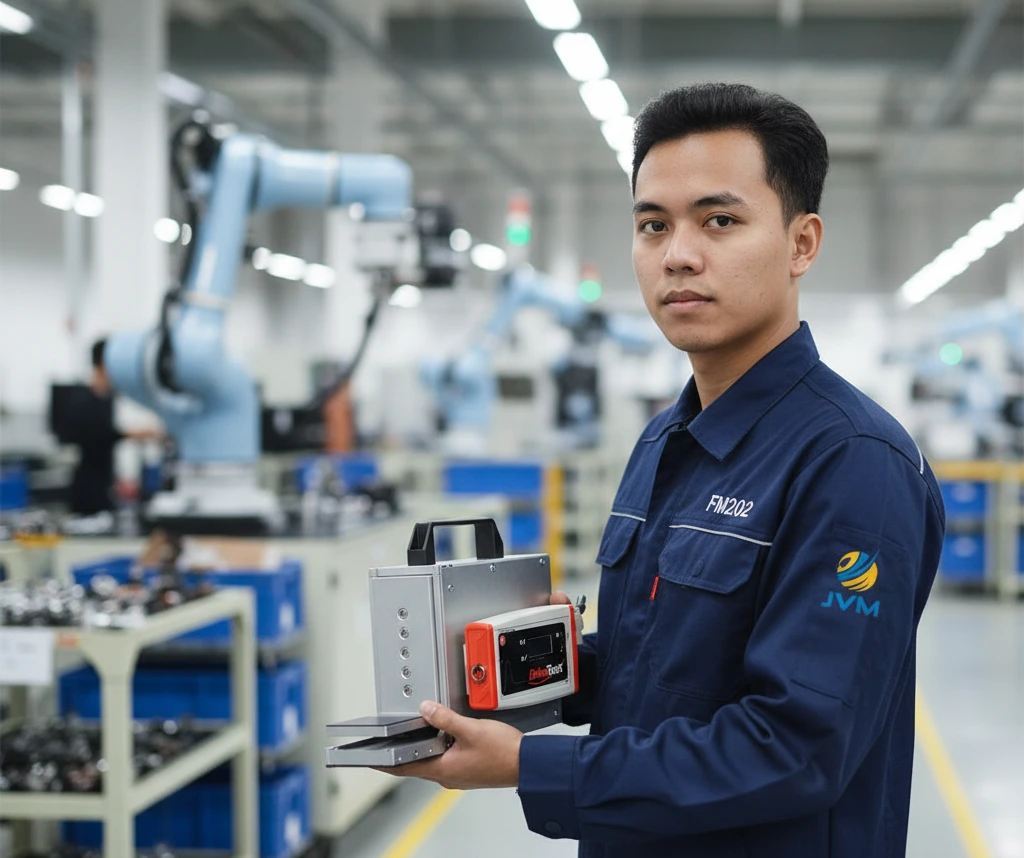 Teknisi Indonesia mengukur gaya tutup pintu mobil menggunakan FM202 di lini produksi otomotif dengan layar LCD aktif dan laptop analisis data.