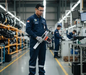 Engineer Indonesia melakukan pengujian gaya jepit power window SUV menggunakan FM208 di area quality control pabrik otomotif.