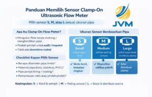 Infografis pemilihan sensor clamp-on ultrasonic flow meter S, M, dan L berdasarkan diameter pipa industri
