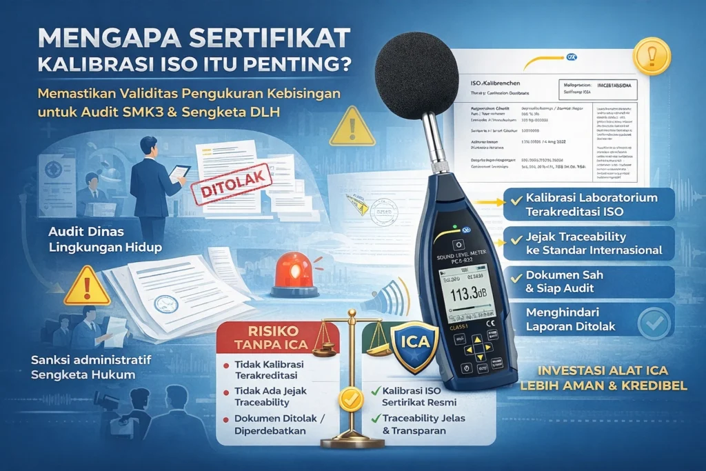 Sound level meter Class 1 dengan sertifikat kalibrasi ISO (ICA) untuk audit SMK3 dan pengukuran kebisingan lingkungan
