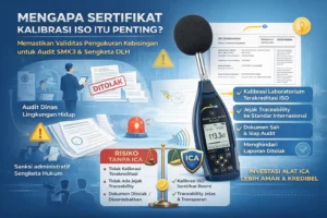 Sound level meter Class 1 dengan sertifikat kalibrasi ISO (ICA) untuk audit SMK3 dan pengukuran kebisingan lingkungan