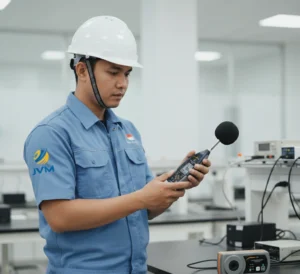 Teknisi Indonesia menggunakan sound level meter PCE-428 dengan windscreen untuk mengukur kebisingan mesin di area pabrik industri.