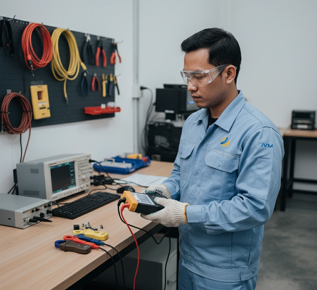 Teknisi Indonesia menggunakan clamp meter PCE-830-1 untuk mengukur sistem listrik tiga fasa di panel distribusi industri.