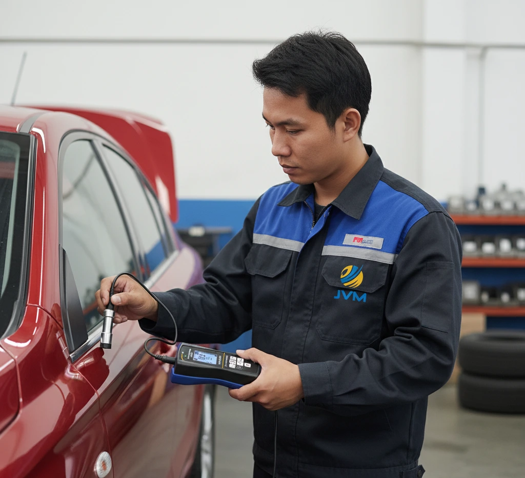 Teknisi otomotif Indonesia menggunakan coating thickness gauge PCE-CT 80HP-FN0D5 untuk mengukur ketebalan cat pada panel pintu mobil di dalam workshop body repair.