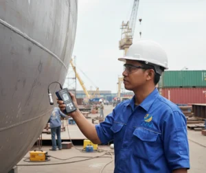 Teknisi Indonesia mengukur ketebalan cat pada lambung kapal baja menggunakan coating thickness gauge PCE-CT 80HP-FN1D5 di area galangan kapal dengan perlengkapan keselamatan lengkap.