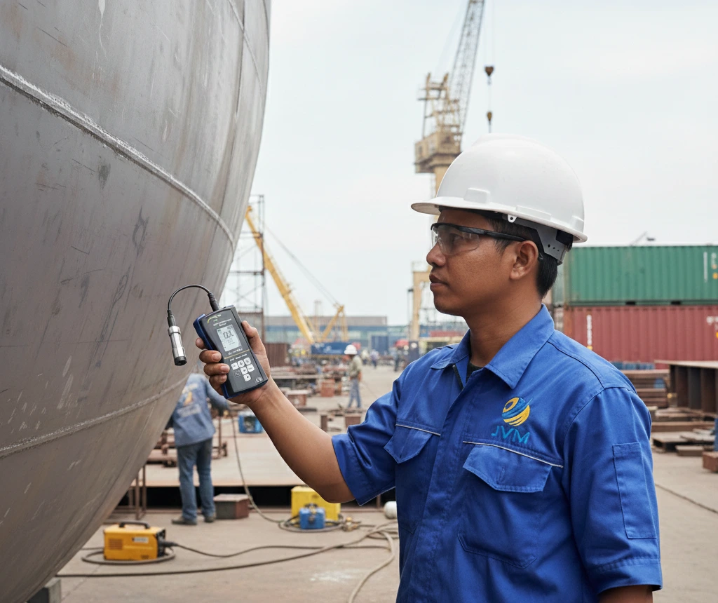 Teknisi Indonesia mengukur ketebalan cat pada lambung kapal baja menggunakan coating thickness gauge PCE-CT 80HP-FN1D5 di area galangan kapal dengan perlengkapan keselamatan lengkap.
