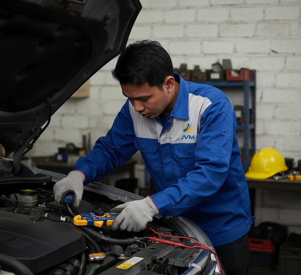 Teknisi Indonesia menggunakan clamp meter PCE-DC2 untuk pengukuran arus kendaraan di bengkel.