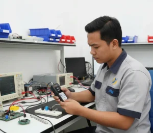 Teknisi Indonesia menggunakan PCE-FM 50N untuk menguji gaya tekan tombol panel elektronik di laboratorium industri.
