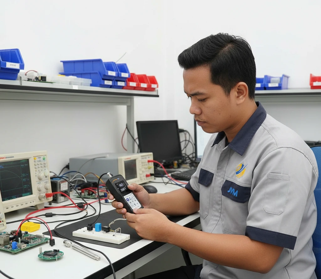 Teknisi Indonesia menggunakan PCE-FM 50N untuk menguji gaya tekan tombol panel elektronik di laboratorium industri.