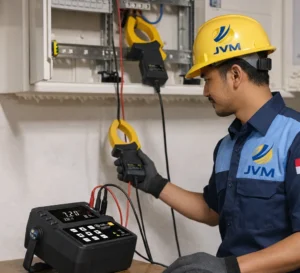 Teknisi listrik mengukur arus listrik menggunakan clamp meter saat gangguan listrik