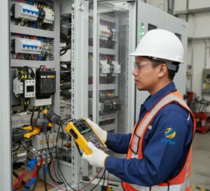 Engineer Indonesia menggunakan clamp meter PCE-PA 8000 untuk mengukur daya listrik pada panel distribusi tiga fasa di gedung industri.