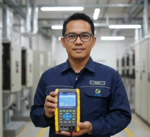 Teknisi Indonesia menggunakan PCE-PA 8300-2 dengan Rogowski coil pada panel listrik industri tiga fasa.