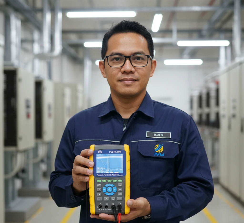 Teknisi Indonesia menggunakan PCE-PA 8300-2 dengan Rogowski coil pada panel listrik industri tiga fasa.