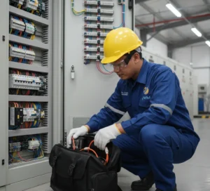 Teknisi listrik Indonesia menggunakan clamp meter PCE-PA 8500 untuk analisis kualitas daya di panel industri.